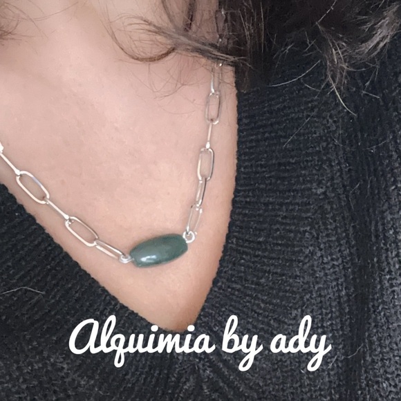 Moss Agate Maximalist pendant chunky statement silver curb link necklace - Picture 1 of 5